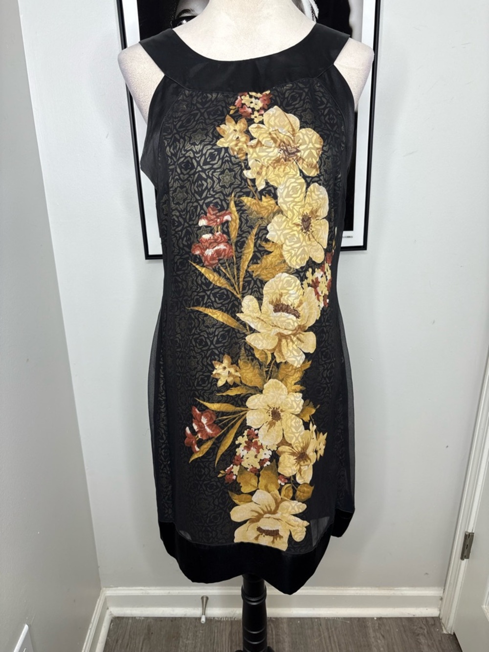 Robbie Bee Black Midi Dress with Gold and Rust Floral Panel